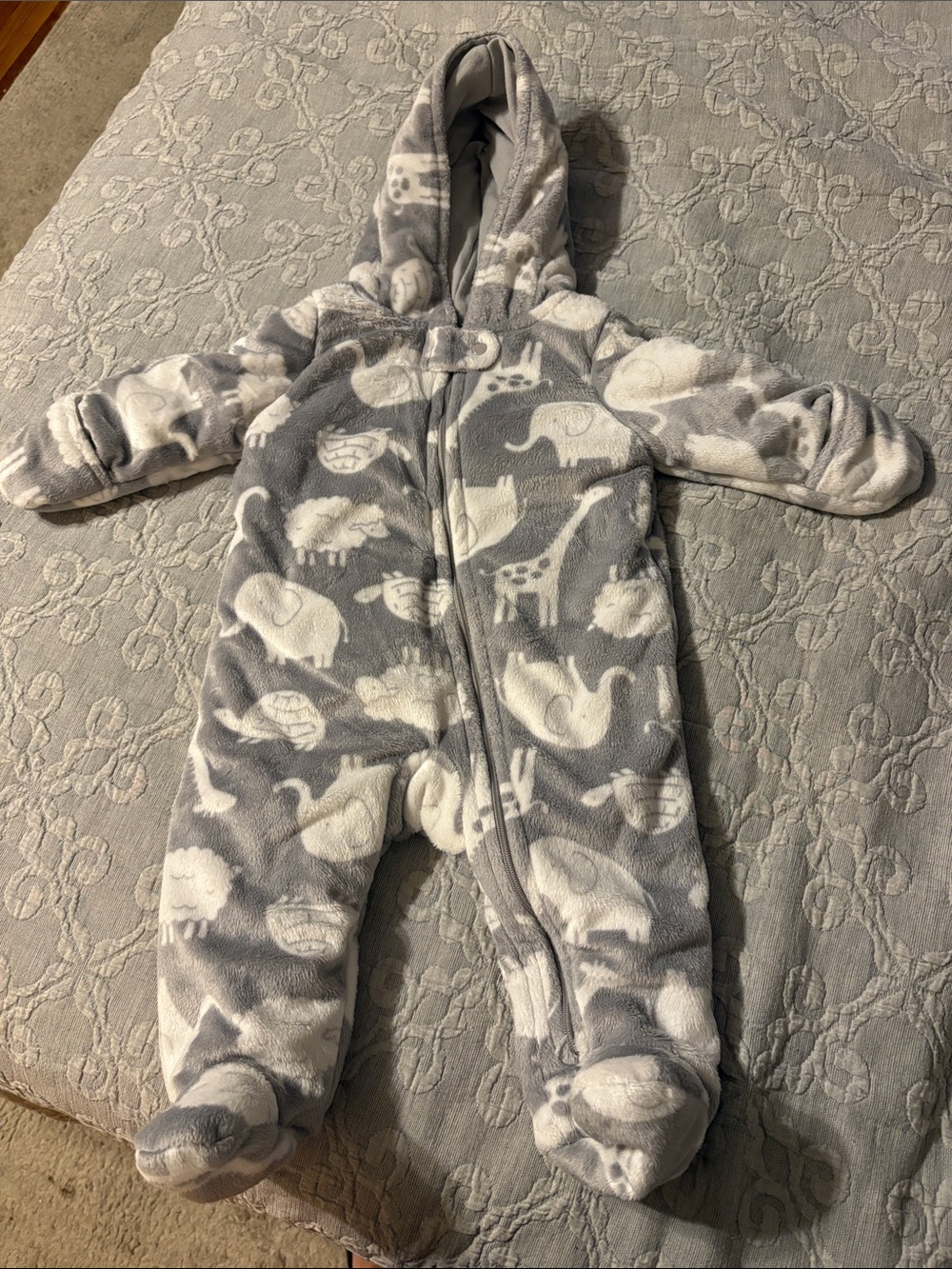 Gray & White Animal-Print Fleece Footed One-Piece for Kids